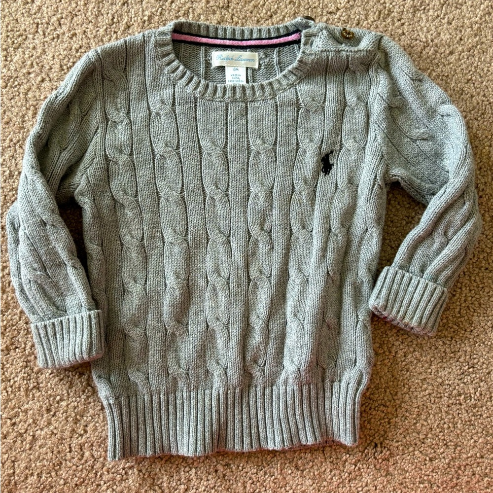 Polo Ralph Lauren Toddler Grey Cable Knit Sweater Long Sleeve Size 18mo